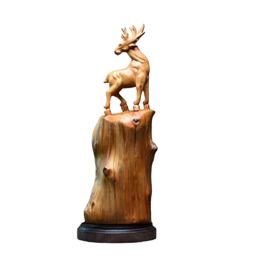 高級天然木彫り置物「一路有保」鹿 職人手作り