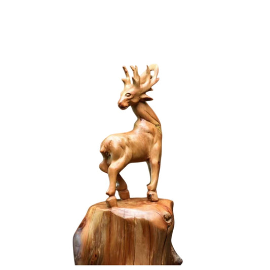高級天然木彫り置物「一路有保」鹿 職人手作り