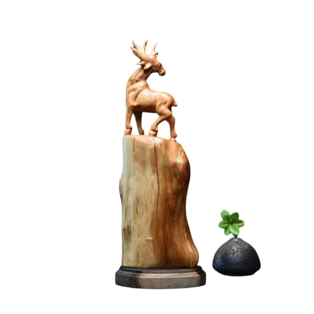 高級天然木彫り置物「一路有保」鹿 職人手作り